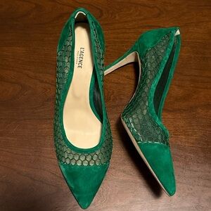 L’AGENCE Emerald Green Mesh & Suede Pointed Toe Heels | Size 40 | Designer Pumps